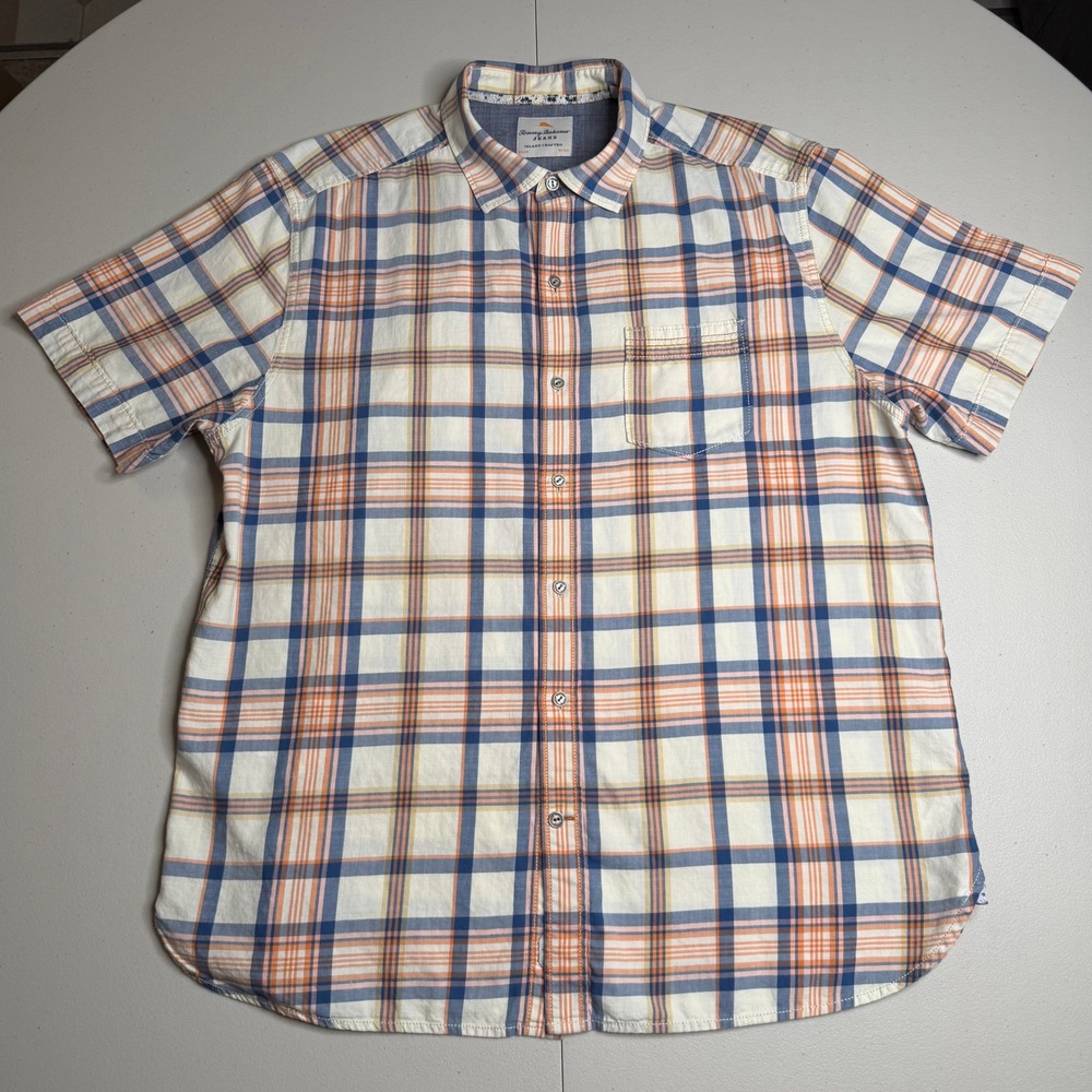 Tommy Bahama Jeans Mens Large Orange Blue Plaid Cotton Short Sleeve Button Shirt